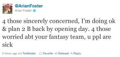 Arian Foster Fantasy Football Tweet